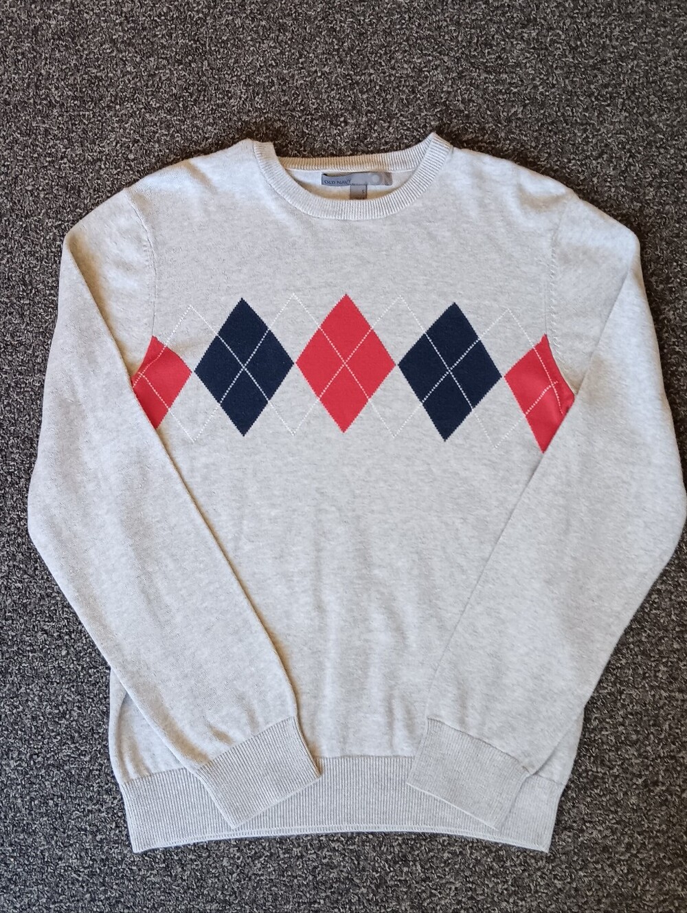 Mens Crewneck Argyle Sweater Light Gray Red & Navy Cotton Long Sleeve Knit Small